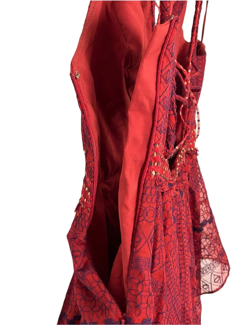 Free People Y2K Red Purple Embroidered Sequin Beaded Boho Dress Size 2